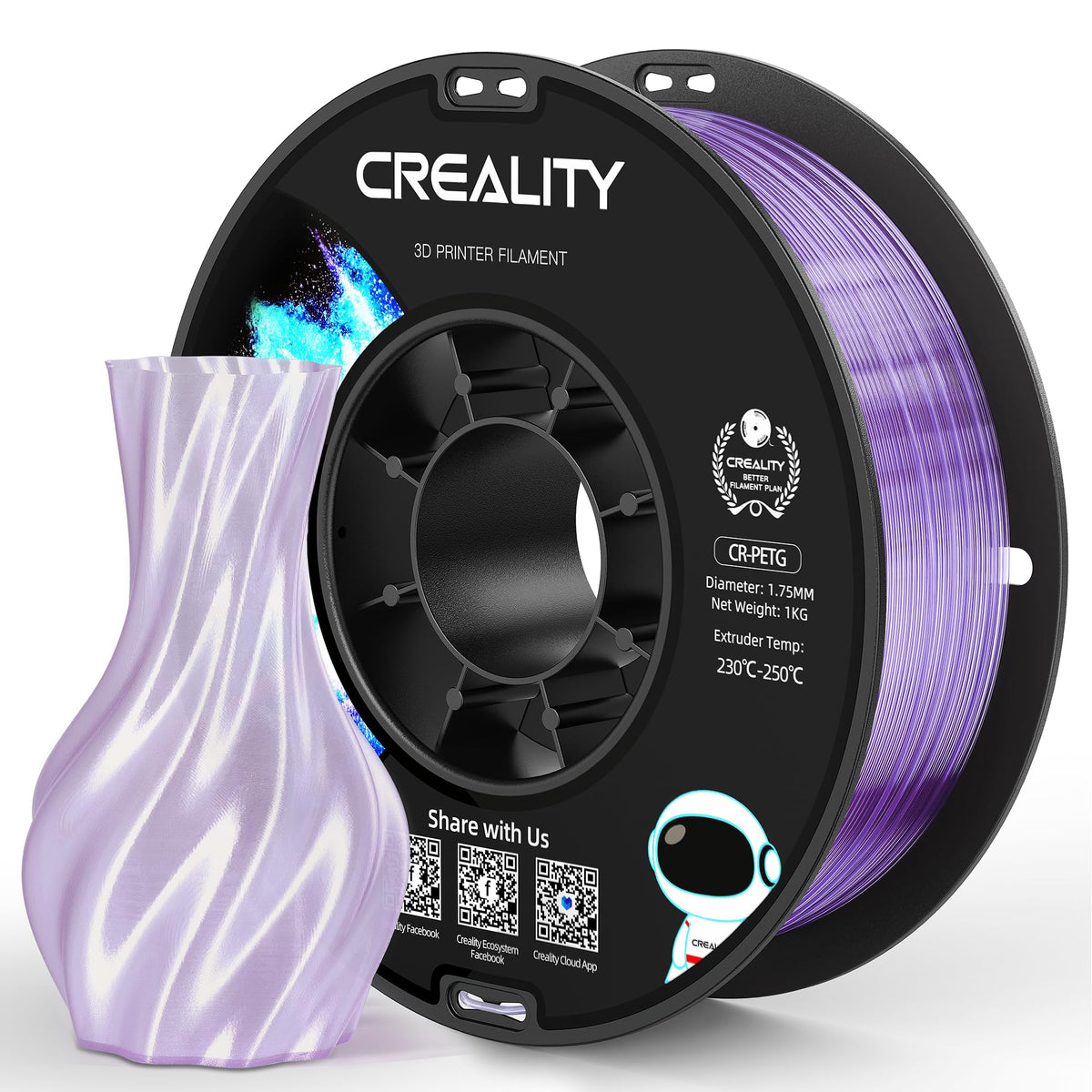 Official Creality PETG 3D Printer Filament 1.75mm 4KG (8.8lbs), High Precision, Strong Toughness, Odorless, Better Flow, Moistureproof 3D Printing CR PETG Filament, Black+White+Grey+Clear