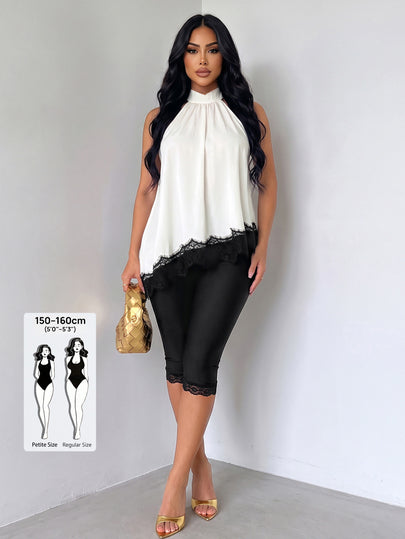 SOLERSUN Petite Two Pieces Pants Set For Women, White Halter Neck Lace Trim Top And Black Capri Leggings, Figure Flattering Matching Outfit Summer Sexy