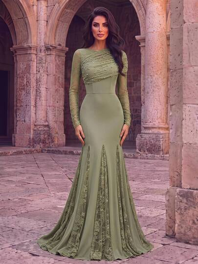 Aureia Elegant Romantic Formal Prom Night Olive Green Stretch Lace Sheer Cowl Neck Pearl Draped Ruched Long Sleeve Mermaid Train Fall Evening Gown