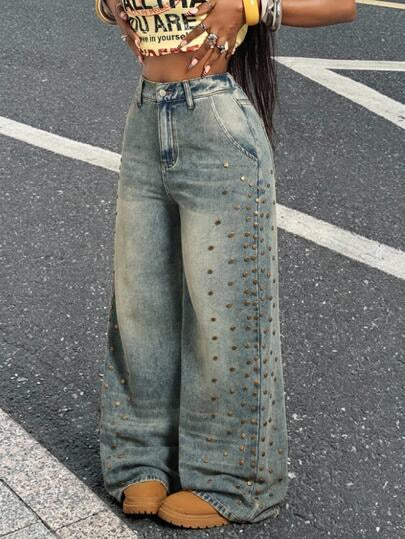 Slaydiva Women's High Waist Baggy Wide Leg Denim Jeans With Studded Side Detail And Faded Vintage Casual Streetwear Wash Going Out Light Blue Fall Y2K