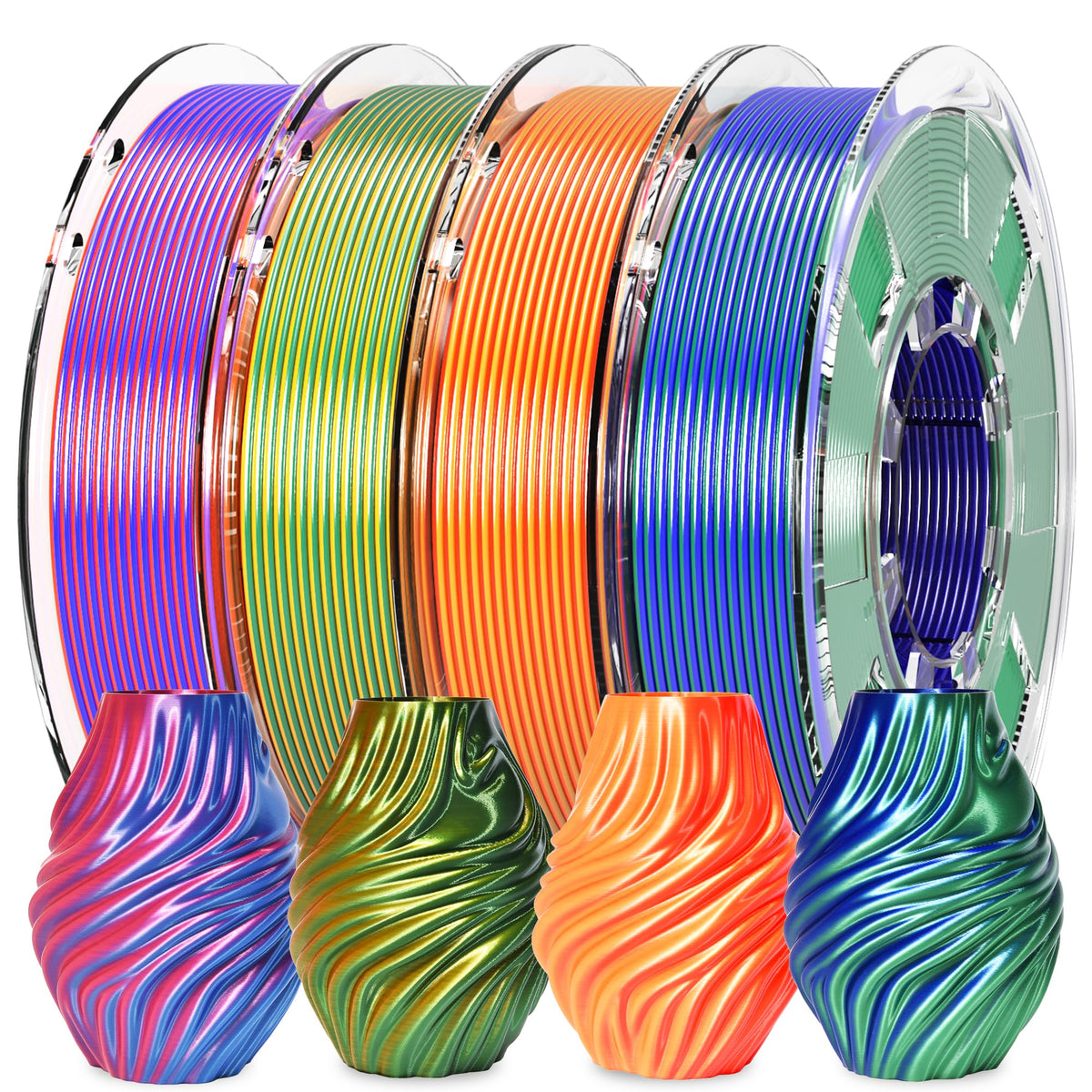 PINBALL Silk Rainbow PLA 3D Printer Filament 1.75mm Shiny Multi-Color Changing Filament 3D Printing PLA Filament Dimensional Accuracy +/- 0.02mm 500g*4 Silk Rainbow