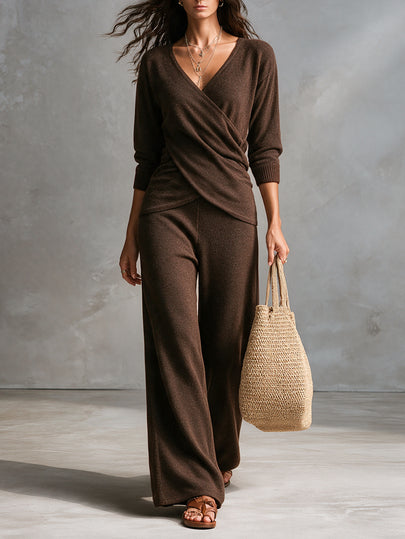 SHEIN Wrap V Neck Knit Two Pieces Set Petal Sleeve Side Tie Crop Top Wide Leg Knit Pants Outfit