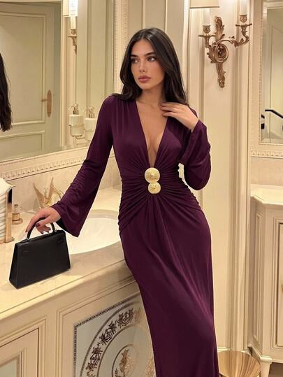Aloruh Deep V-Neck Long Sleeve Dress With Metallic Decoration, Elegant Party Style, Plum Autumn Clothes Elegant Dresses New Year Outfit Prom Dresses For Wome