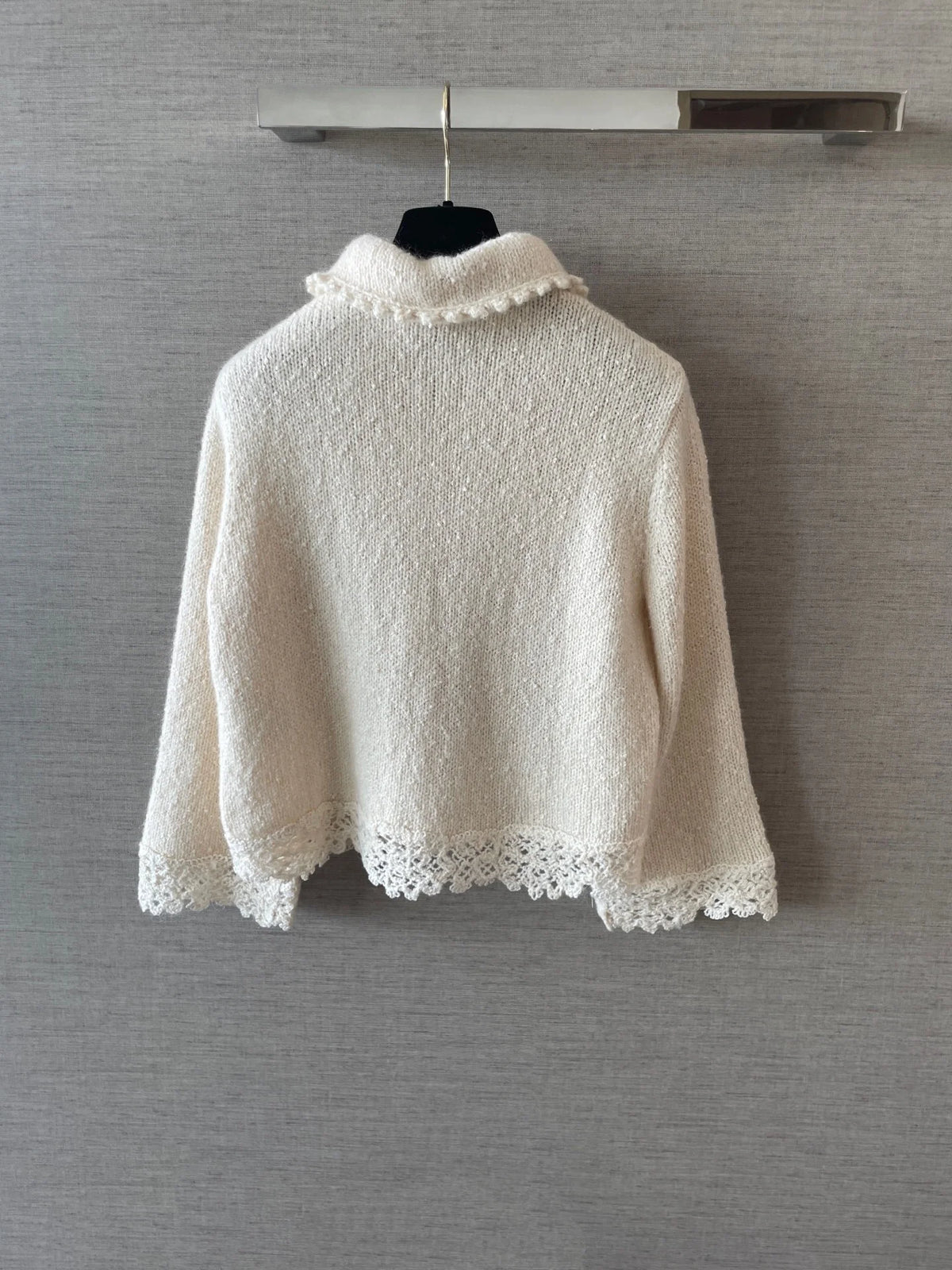 2026 Women Sweater Cropped Knit Cardigan Doll Collar Lace Crochet Trim Flared Sleeve Patch Pockets Textured Knit Fabric