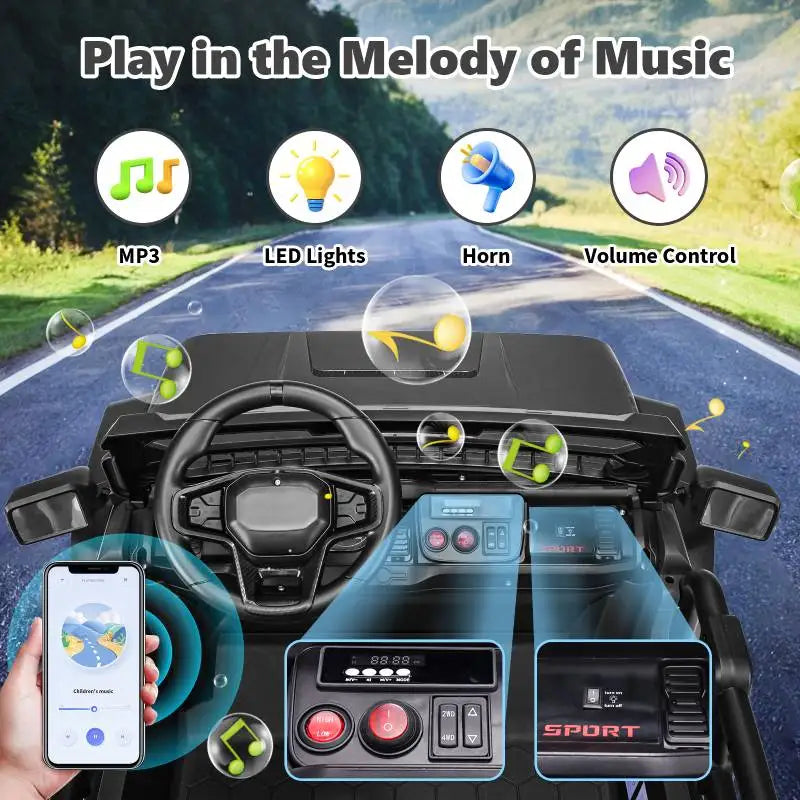 24V 2 Seater Electric Ride on Car with Remote Control for Kids w/20 Inch Wide Seat, 4x100W Motor, LED Headlight & Music Player