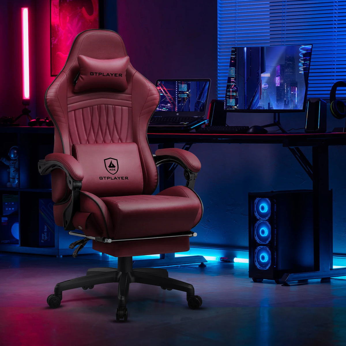 GTPLAYER Gaming Chair Adjustable Ergonomic Faux Leather Swiveling PC & Racing Game Chair with Built-in Speakers,Footrest