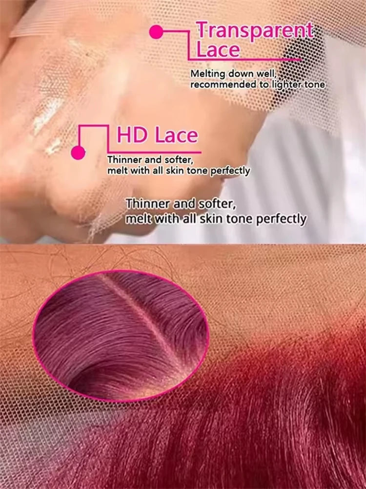 99j Burgundy 13x6 HD Lace Frontal Human Hair Wig Body Wave 200 250 Density 30 40 Inch Red Colored Lace Frontal Wigs Brazilian