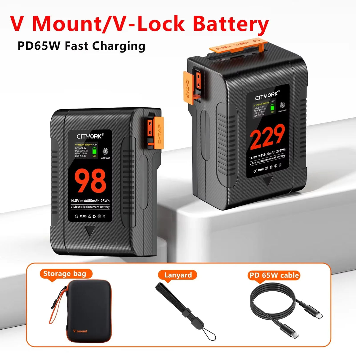 New V-Lock V Mount 98Wh 229Wh Battery BP Battery With PD 65W Cable for Sony Camcorder Broadcast Video Light Blackmagic URSA