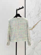 2026 Women Tweed Jacket Multi Yarn Woven Tweed Handmade Woven Edge Trim Carved Decorative Button Cropped Outerwear
