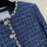 2026 Women Tweed Jacket Cropped Round Neck Long Sleeve Hem Metal Chain Braided Trim Gold Relief Buttons