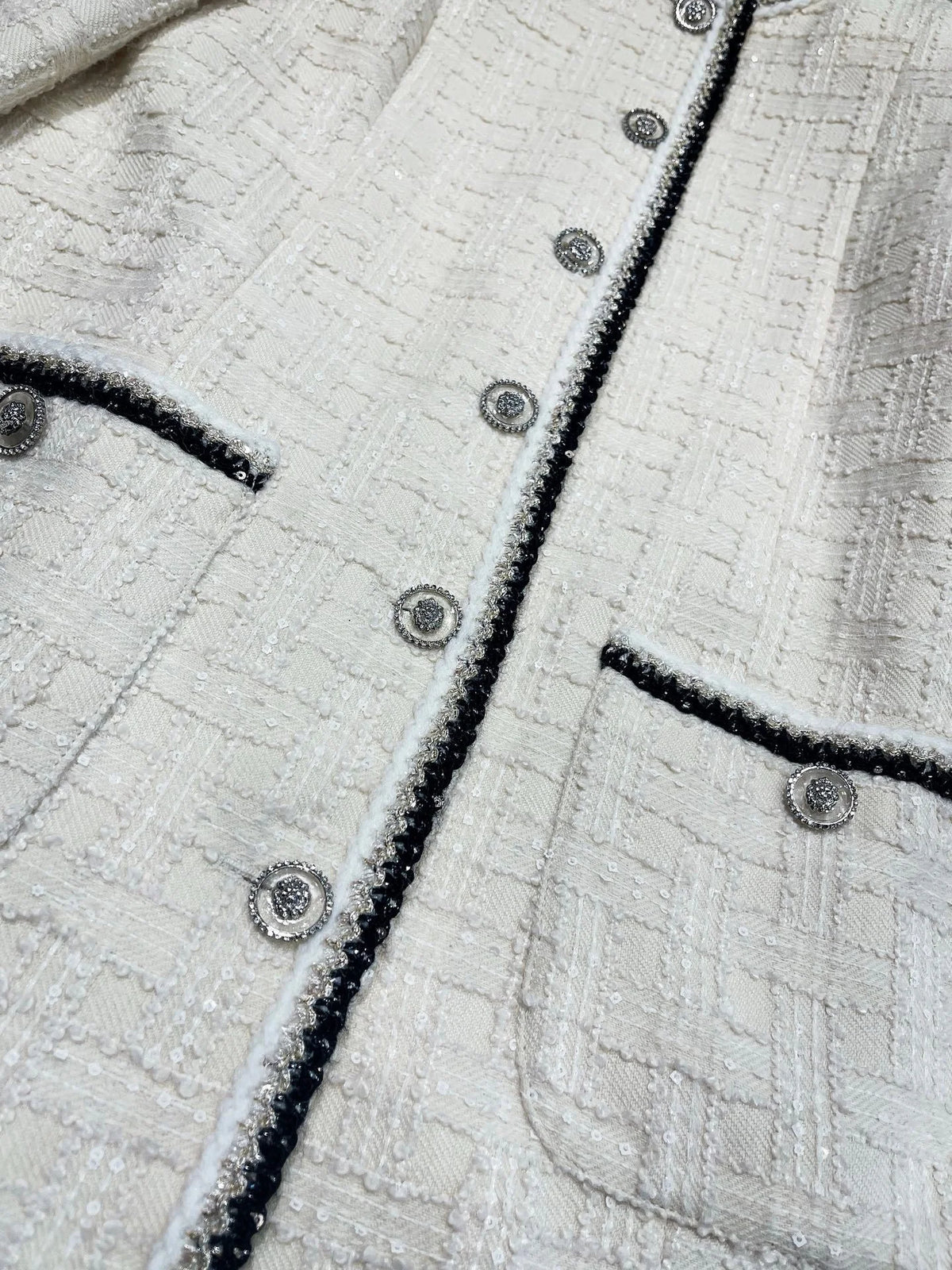 2026 Women Tweed Jacket Mid‑Length Round Neck Weave Fabric Contrast Tape Trim Metal Button Closure