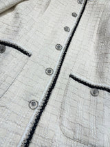 2026 Women Tweed Jacket Mid‑Length Round Neck Weave Fabric Contrast Tape Trim Metal Button Closure