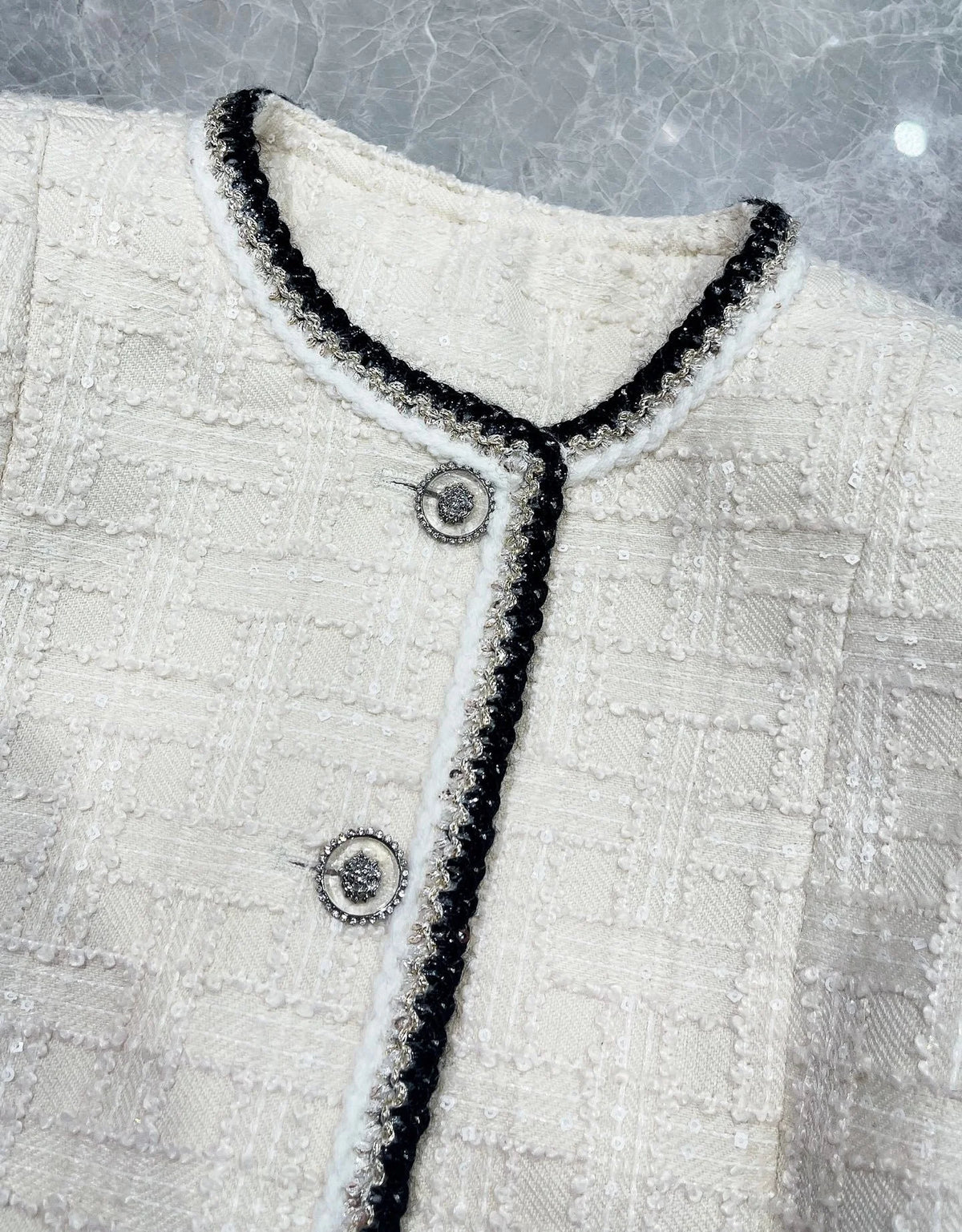 2026 Women Tweed Jacket Mid‑Length Round Neck Weave Fabric Contrast Tape Trim Metal Button Closure