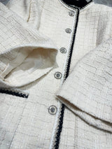 2026 Women Tweed Jacket Mid‑Length Round Neck Weave Fabric Contrast Tape Trim Metal Button Closure