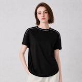 KL7513242 Women's Light Luxury High-Quality Cotton Blend T-Shirt with Contrasting Chain Detail Pullover Style