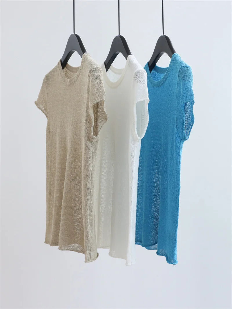 2026 Model: Round-necked Shoulder-Padded Knit Top for Summer - Simple Casual Commute Hoodie - Lightweight T-shirt