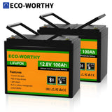 ECO-WORTHY 2pack 12V 100AH LiFePO4 Lithium Battery with Bluetooth, Max.1280Wh Energy, Low Temperature Protection for RV