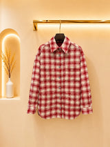 2026 Women Shirt Jacket Red White Plaid Wool Blend Collar Drop Shoulder Rhinestone Buttons Chain Dual Pockets Outerwear