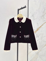 2026 Women Autumn Winter Velvet Contrast Collar Rhinestone Cropped Jacket ZX3102