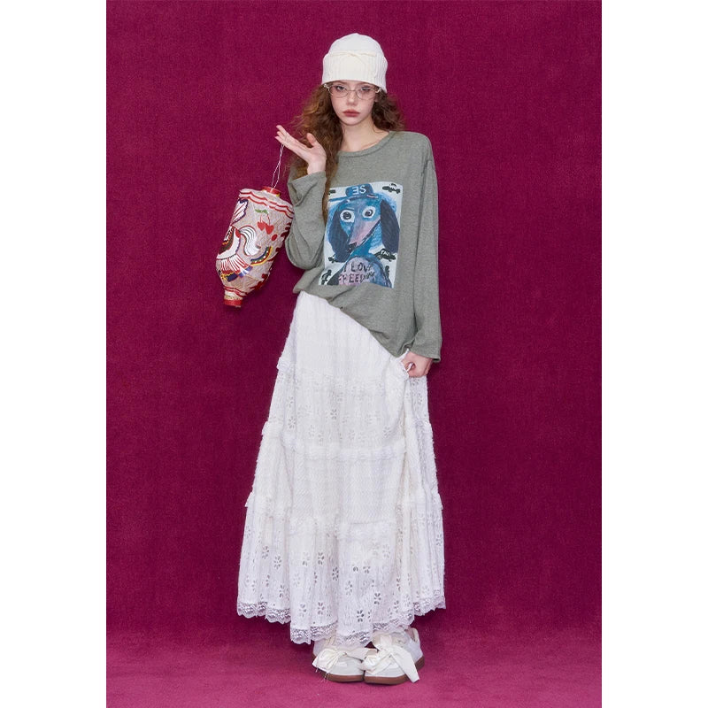ELFSACK Graffiti Puppy Print Round Neck Long Sleeve T-Shirt For Women