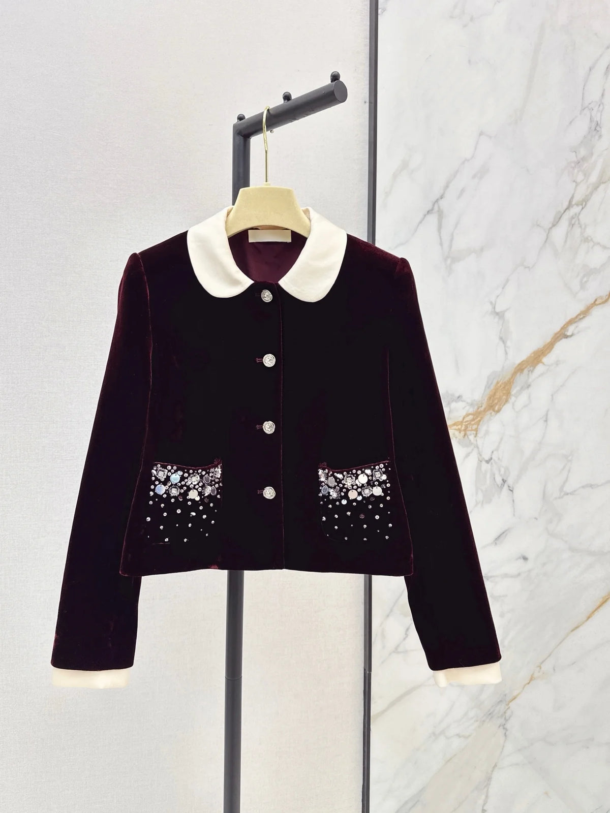 Women 2026 Fall Vintage Velvet Cropped Blazer White Contrast Doll Collar Rhinestone Pocket Long Sleeve Elegant Short Jacket