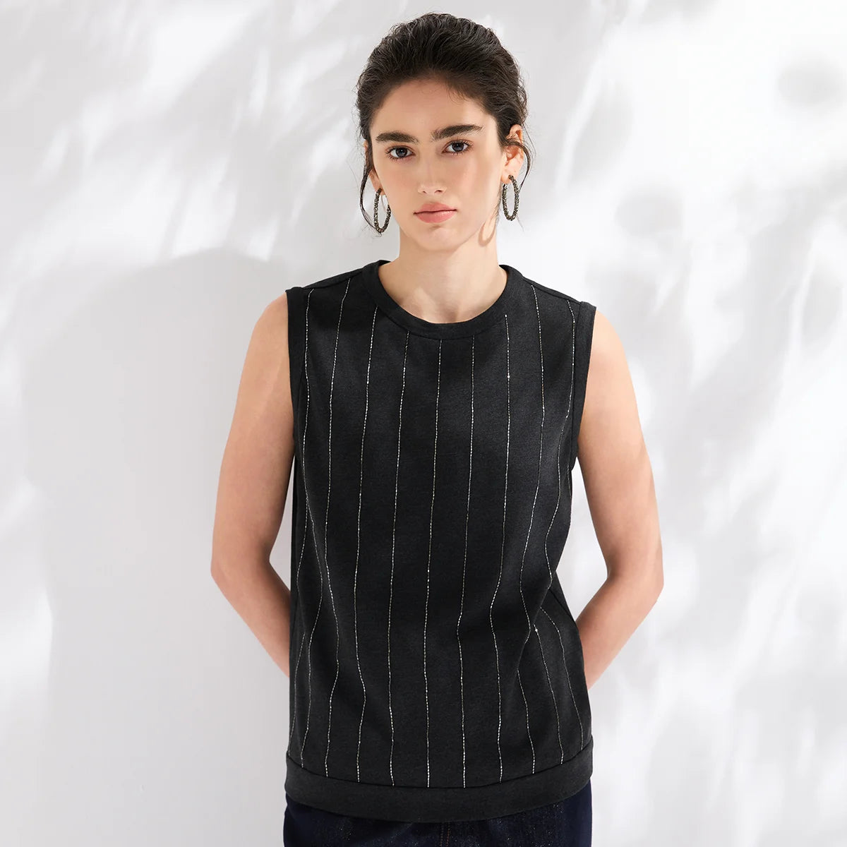 KL7613648 Luxury Lyocell Cotton Linen Tank Top Women's Shiny Vertical Stripe Sleeveless Shirt High End Minimalist Soft Tops