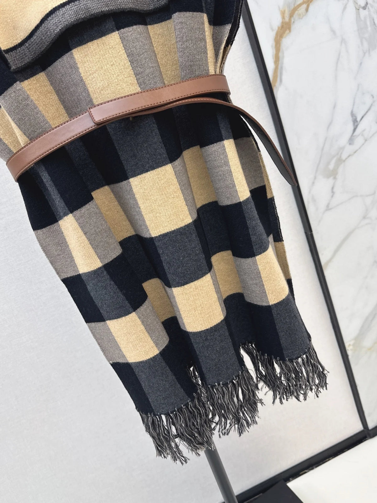 2026 Women Cape Coat Hooded Plaid Pattern Wool Fabric H Line Cut Brown Waist Belt Fringe Edge Fall Winter Outer Garment