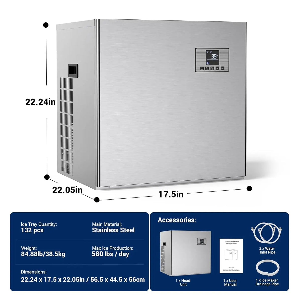 Commercial Ice Maker 300LBS Ice Storage Bin, Adjustable Steel Feet, Commercial Ice Maker Machine Head 580 LBS/24h, 132 Ice Cubes