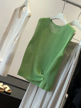 2026 New Style - Simple Light Blue Open-Weave Knitted Sleeveless Blouse - Comfortable and Versatile for Daily Use