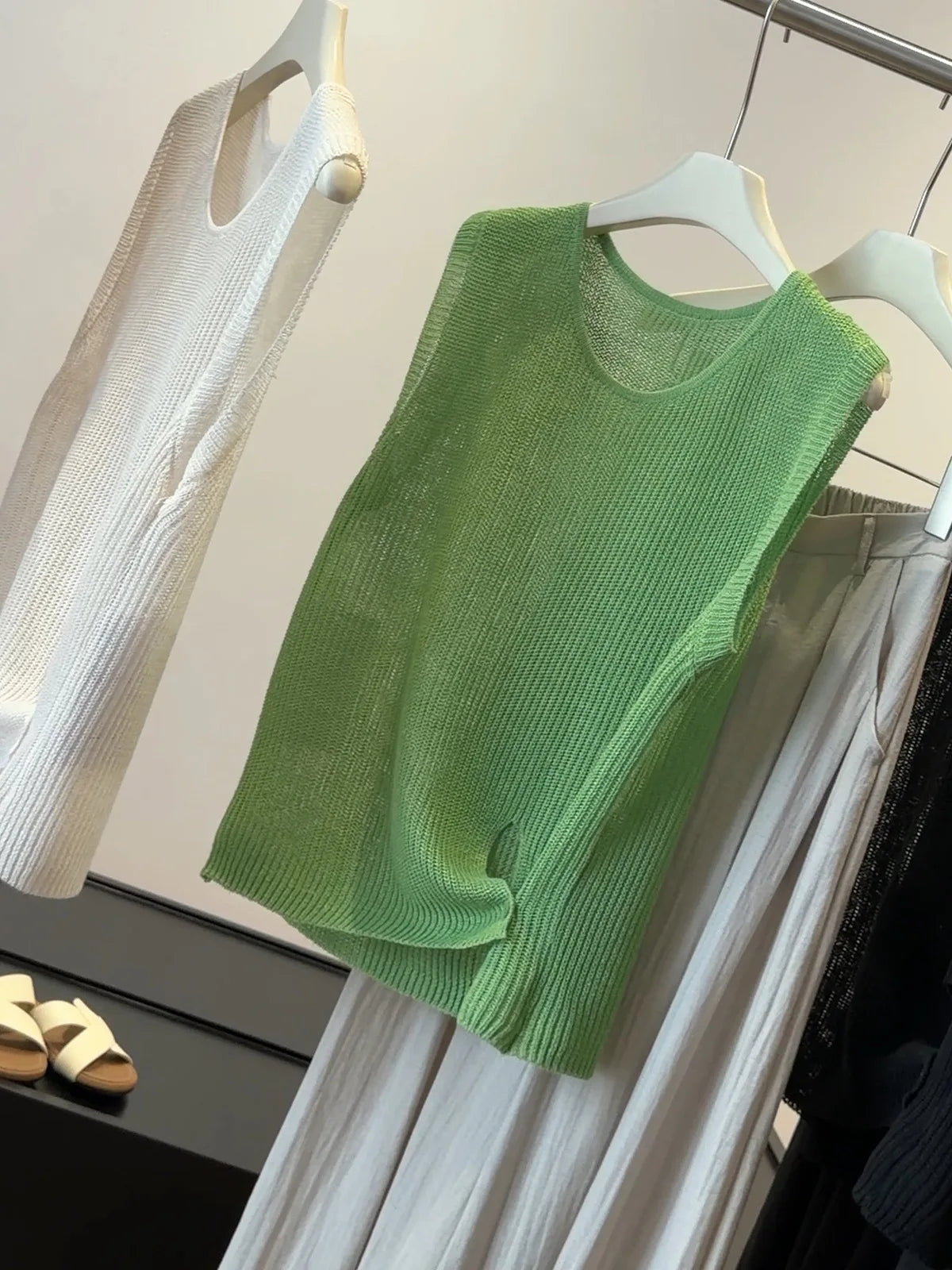 2026 New Style - Simple Light Blue Open-Weave Knitted Sleeveless Blouse - Comfortable and Versatile for Daily Use