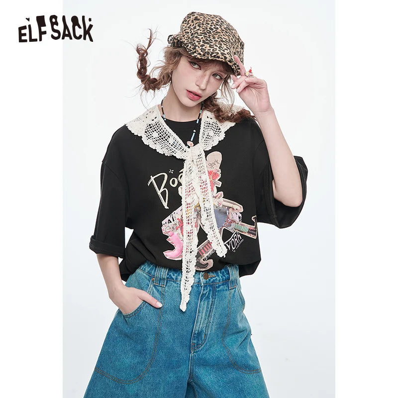 ELFSACK 2025 Spring New Arrivals Lace O-neck Printed Short Sleeve T-shirt Women Dopamine Spring Outfit