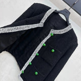 2026 Women Tweed Jacket Wool Blend Fabric Contrast Binding Trim Embellished With Emerald Green Buttons Outerwear