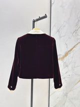 Women 2026 Fall Vintage Velvet Cropped Blazer White Contrast Doll Collar Rhinestone Pocket Long Sleeve Elegant Short Jacket