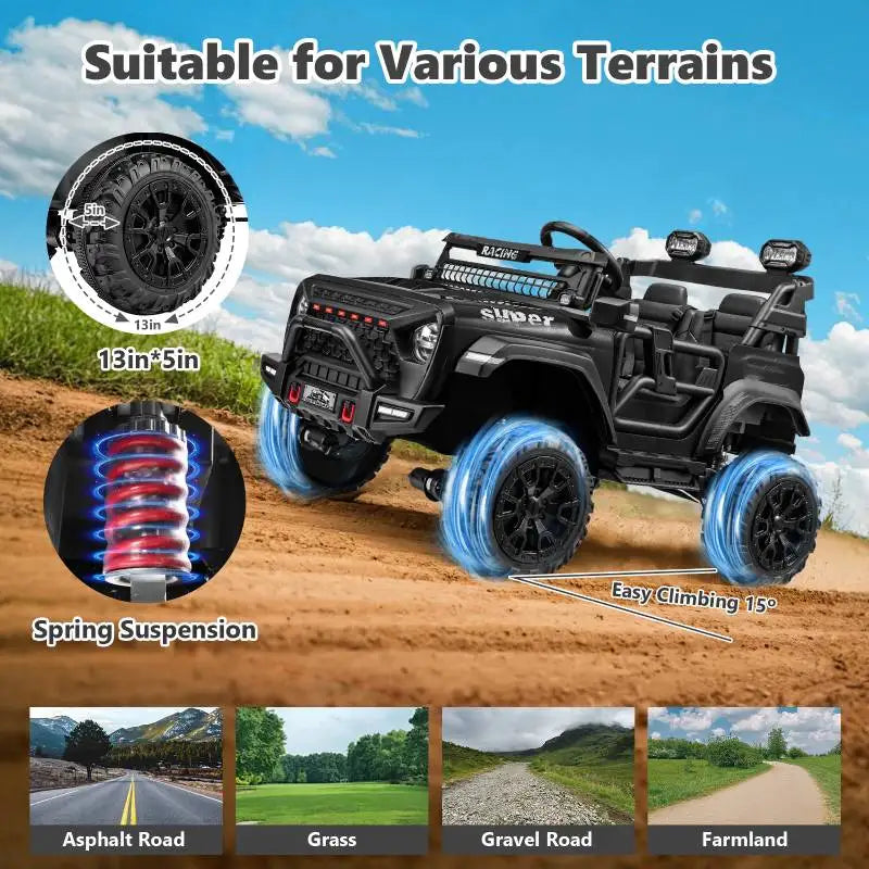 24V 2 Seater Electric Ride on Car with Remote Control for Kids w/20 Inch Wide Seat, 4x100W Motor, LED Headlight & Music Player