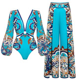 Flaxmaker Women Sexy Deep V Neck Long-sleeved Jungle Green Print One Piece Swimsuit And Skirt Summer Bathing Suit Monokini