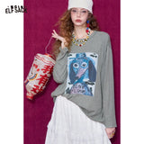 ELFSACK Graffiti Puppy Print Round Neck Long Sleeve T-Shirt For Women
