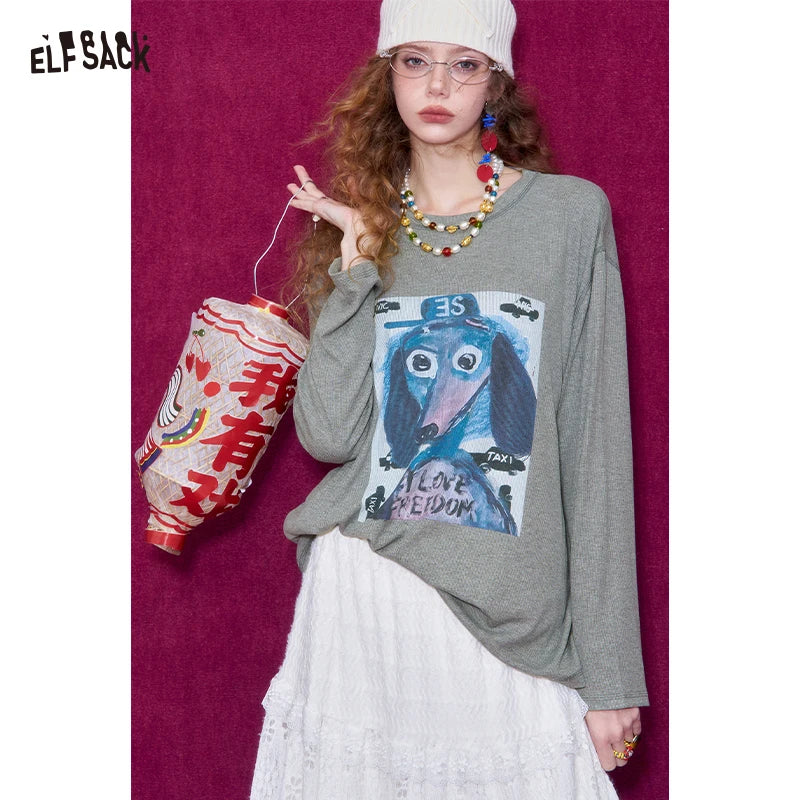 ELFSACK Graffiti Puppy Print Round Neck Long Sleeve T-Shirt For Women
