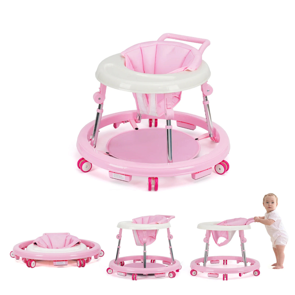 Kmaier Baby Walker, Walker for Babies, Anti‑Rollover Foldable 2‑in‑1 Infant Activity Walker with Rear Push Handle, Multi‑Height Adjustable Metal Support Legs, Removable Washable Seat & Anti‑Slip Wide Safety Base for Toddlers 6‑18 Months