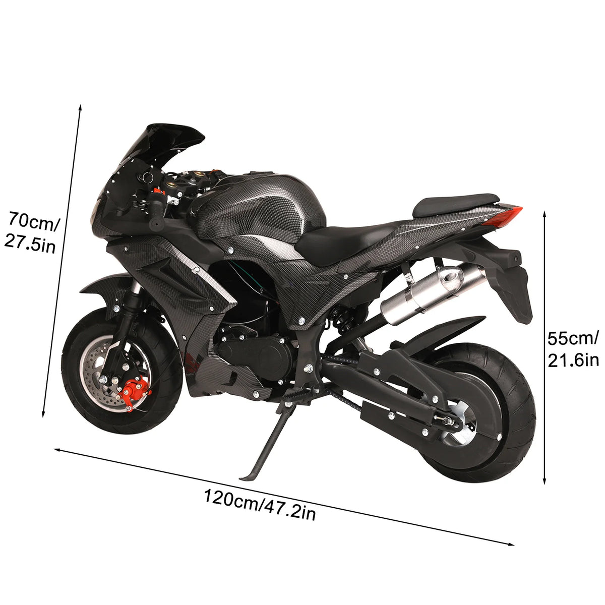 49cc 4-Stroke Mini Motorcycle Gas Pocket Motorbike Pocket Rocket Motorcycle with Front Rear Disc Brakes Racing Max Speed 25MPH
