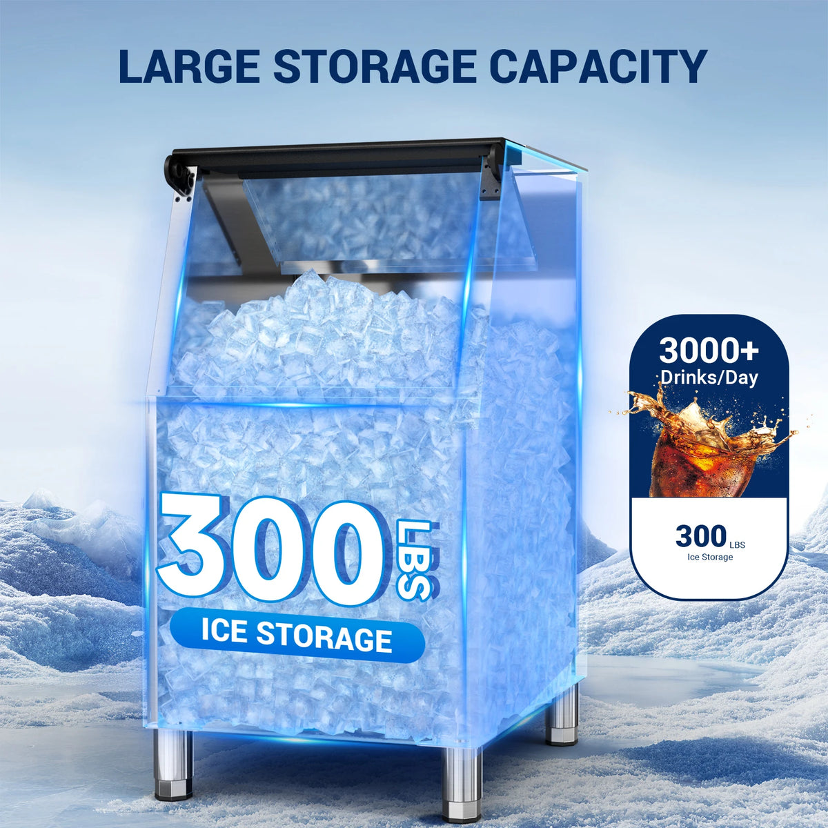 Commercial Ice Maker 300LBS Ice Storage Bin, Adjustable Steel Feet, Commercial Ice Maker Machine Head 580 LBS/24h, 132 Ice Cubes