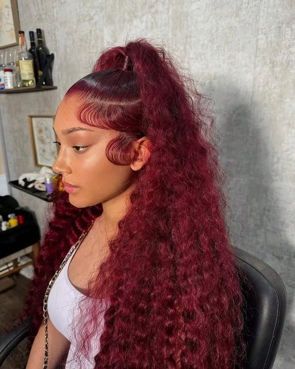 30 40 Inch Burgundy 99j Deep Wave Frontal Wig Colored Curly Human Hair