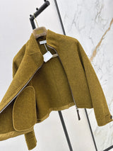 2026 Women Cropped Wool Jacket Double Face Cashmere Stand Collar Diagonal Zip Closure Zip Pocket Cuff Button Detail