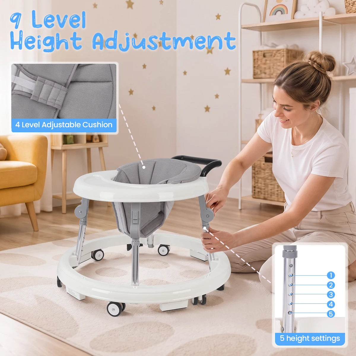 Kmaier Baby Walker, Walker for Babies, Anti‑Rollover Foldable 2‑in‑1 Infant Activity Walker with Rear Push Handle, Multi‑Height Adjustable Metal Support Legs, Removable Washable Seat & Anti‑Slip Wide Safety Base for Toddlers 6‑18 Months