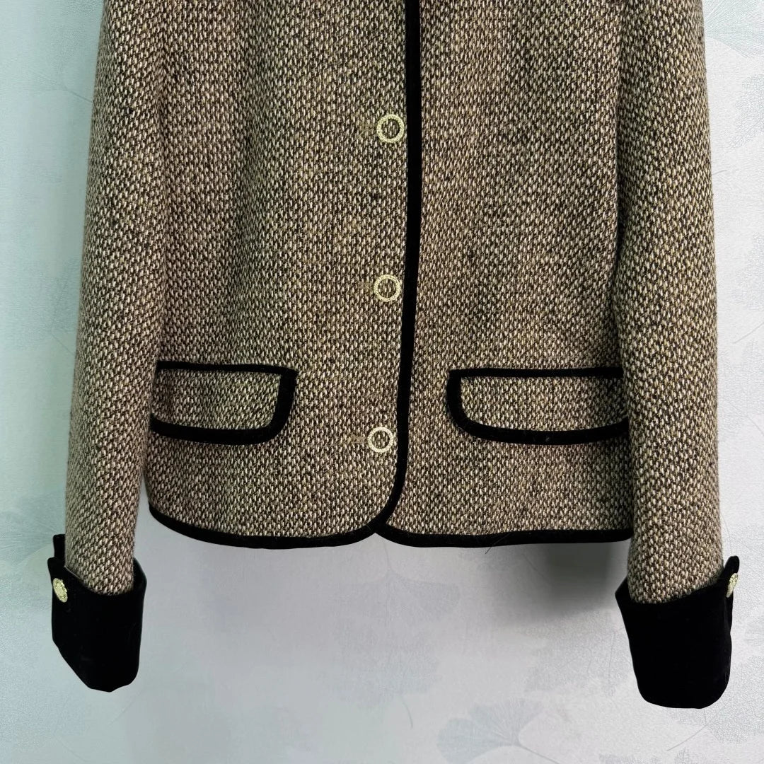 2026 Women Autumn Color Block Collar Tweed Short Jacket ZX3106