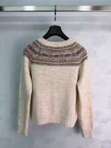 2026 Women Knitwear Crew Neck Yoke Jacquard Pattern Cardigan Front Button Closure Ribbed Hem Cuff