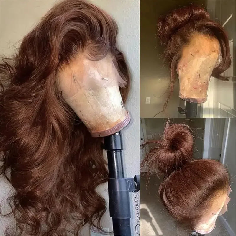 34 Inch Body Wave Chocolate Brown Lace Front Wigs Human Hair Pre Plucked