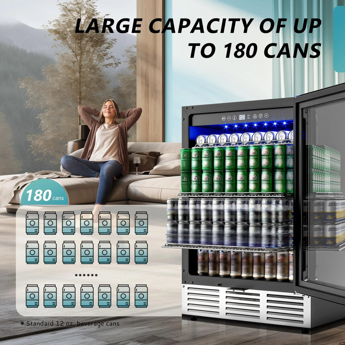 Beverage Refrigerator 24Inch 180 Can Built-in Beverage Cooler Under Counter Beer Fridge Soda Water Wine For Kitchen Bar Office