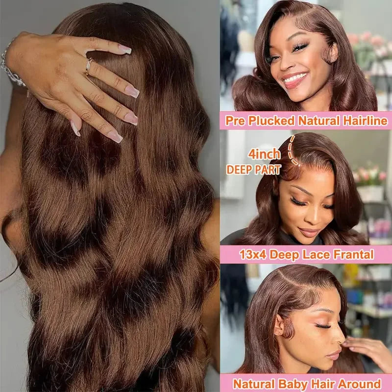 34 Inch Body Wave Chocolate Brown Lace Front Wigs Human Hair Pre Plucked