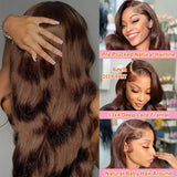 34 Inch Body Wave Chocolate Brown Lace Front Wigs Human Hair Pre Plucked