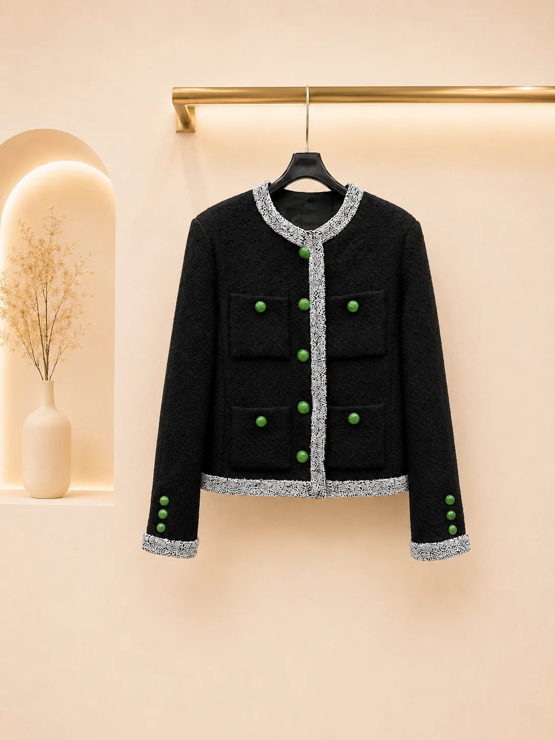 2026 Women Tweed Jacket Wool Blend Fabric Contrast Binding Trim Embellished With Emerald Green Buttons Outerwear